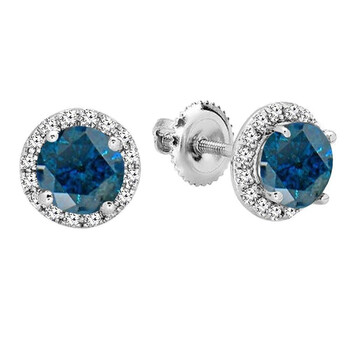 Bông tai Dazzling Rock Dazzlingrock Collection 2.00 Carat (Ctw) 14K Round Blue & White Diamond Ladies Halo Style Stud Earrings 2 Ct