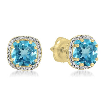 Bông tai Dazzling Rock Dazzlingrock Collection 18K 6 Mm Cushion Blue Topaz & Round White Diamond Ladies Halo Style Stud Earrings