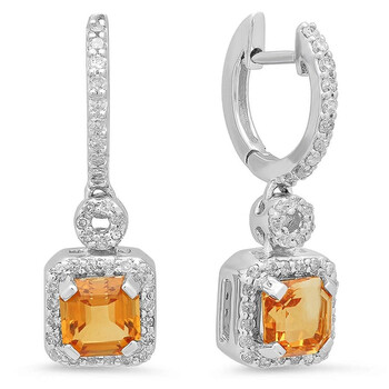 Bông tai Dazzling Rock Dazzlingrock Collection 14K Asscher Citrine & Round Cut White Diamond Ladies Halo Style Dangling Earrings