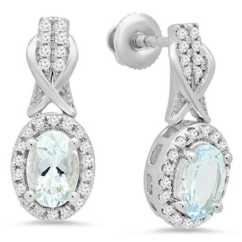 Bông tai Dazzling Rock Dazzlingrock Collection 10K 6X4 Mm Oval Aquamarine & Round White Diamond Ladies Dangling Drop Earrings