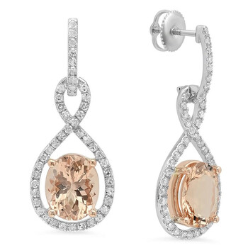 Bông tai Dazzling Rock Two Tone Rose Gold Plated 18K White Gold Oval Morganite & Round White Diamond Dangling Earrings