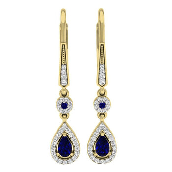 Bông tai Dazzling Rock Dazzlingrock Collection 14K 5X3 Mm Each Pear & Round Blue Sapphire & Diamond Ladies Halo Dangling Earrings