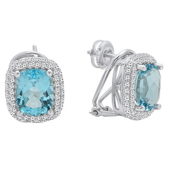Dazzling Rock Dazzlingrock Collection 10X8 Mm Each Cushion Cut Blue Topaz & Round Diamond Ladies Halo Style Stud Earrings, Sterling Silver 2 Bông tai Dazzling Rock Dazzlingrock Collection 10X8 Mm Each Cushion Cut Blue Topaz & Round Diamond Ladies Halo Style Stud Earrings