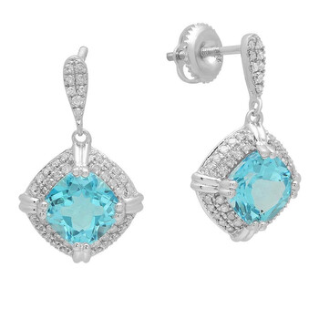 Bông tai Dazzling Rock Dazzlingrock Collection 7 Mm Cushion Blue Topaz & Round White Diamond Ladies Drop Earrings