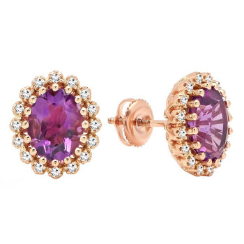 Bông tai Dazzling Rock Dazzlingrock Collection 14K 9X7 Mm Each Oval Cut Amethyst & Round White Diamond Ladies Halo Stud Earrings