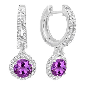 Bông tai Dazzling Rock Dazzlingrock Collection 14K 5.5 Mm Each Round Cut Amethyst & White Diamond Ladies Halo Dangling Drop Earrings
