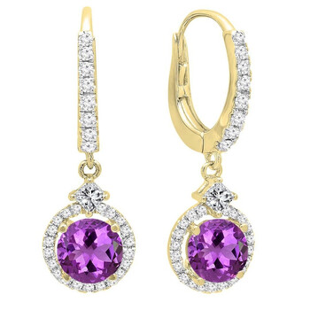 Bông tai Dazzling Rock Dazzlingrock Collection 14K 5.5 Mm Each Round Cut Amethyst And Round & Princess Cut Diamond Drop Earrings