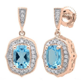 Bông tai Dazzling Rock Dazzlingrock Collection 10K 7X5 Mm Each Cushion Blue Topaz & Round White Diamond Ladies Drop Earrings