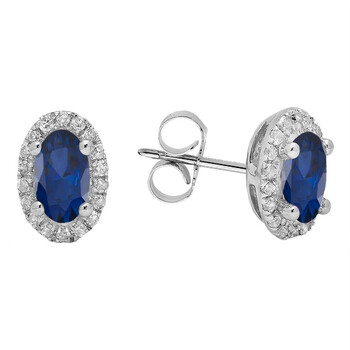 Bông tai Dazzling Rock Dazzlingrock Collection 10K 6X4 Mm Each Oval Blue Sapphire & Round White Diamond Ladies Halo Stud Earrings