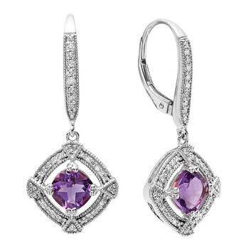 Bông tai Dazzling Rock Dazzlingrock Collection 14K 6 Mm Cushion Amethyst & Round Diamond Ladies Dangling Drop Earrings