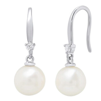 Bông tai Dazzling Rock Dazzlingrock Collection 10K 8 Mm Each Round White Freshwater Pearls & Diamond Ladies Drop Earrings