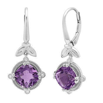 Bông tai Dazzling Rock 14K 8 Mm Cushion Amethyst & Round White Diamond Ladies Leaf Drop Earrings