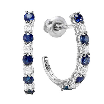 Bông tai Dazzling Rock Dazzlingrock Collection 14K Round Blue Sapphire & White Diamond Ladies J Shaped Hoop Earrings