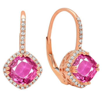 Bông tai Dazzling Rock Dazzlingrock Collection 14K 6 Mm Each Cushion Lab Created Pink Sapphire & Round Diamond Ladies Hoop Earring
