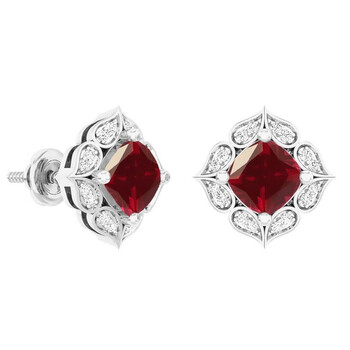 Bông tai Dazzling Rock Dazzlingrock Collection 14K Each 6 Mm Cushion Lab Created Ruby & Round Diamond Ladies Stud Earrings