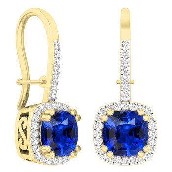 Bông tai Dazzling Rock Dazzlingrock Collection 18K 6 Mm Each Cushion Lab Created Blue Sapphire & Round Diamond Ladies Dangling Earrings