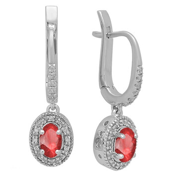 Bông tai Dazzling Rock Dazzlingrock Collection 18K 6X4 Mm Each Oval Lab Created Ruby & Round Diamond Ladies Drop Earrings