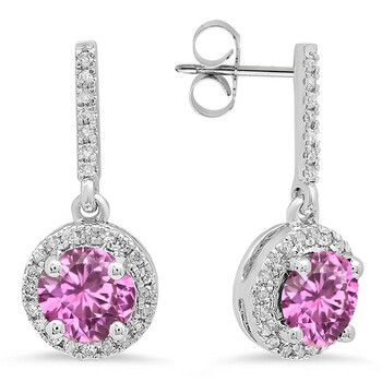 Bông tai Dazzling Rock Dazzlingrock Collection 14K 6 Mm Each Round Lab Created Pink Sapphire & Round Diamond Ladies Halo Drop Earrings