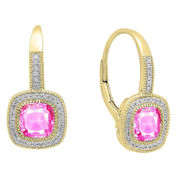 Bông tai Dazzling Rock Dazzlingrock Collection 14K Each 6 Mm Cushion Lab Created Pink Sapphire & Round Diamond Dangling Drop Earrings
