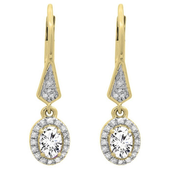 Bông tai Dazzling Rock Dazzlingrock Collection 14K 6X4 Mm Each Oval Lab Created White Sapphire & Round Diamond Ladies Dangling Drop Earrings