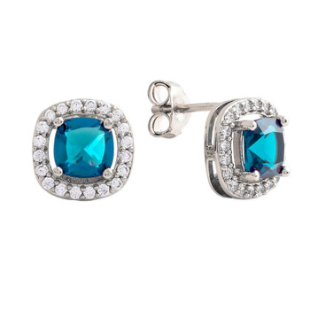Bông tai Elegant Confetti Women'S 18K White Gold Plated Blue Cz Simulated Cushion Diamond Halo Stud Earrings