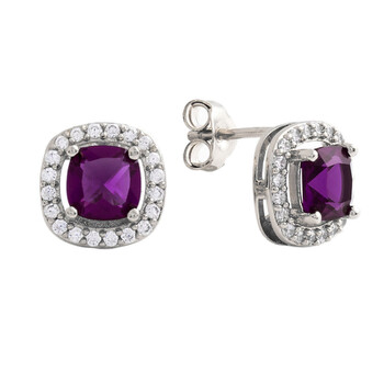 Bông tai Elegant Confetti Women'S 18K White Gold Plated Purple Cz Simulated Cushion Diamond Halo Stud Earrings