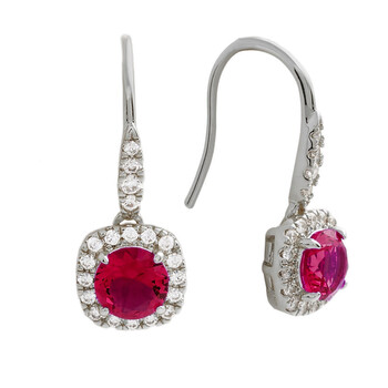 Bông tai Elegant Confetti Women'S 18K White Gold Plated Red Cz Simulated Cushion Diamond Halo Drop Earrings
