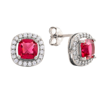 Bông tai Elegant Confetti Women'S 18K White Gold Plated Red Cz Simulated Cushion Diamond Halo Stud Earrings