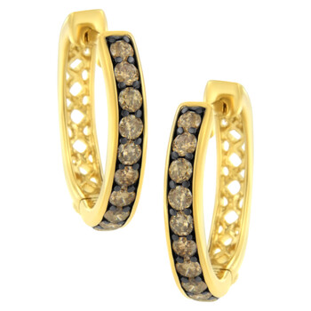 Bông tai Haus Of Brilliance 10K Yellow Gold And Black Rhodium 1 Cttw Round-Cut Diamond Hoop Earring (Champagne Color