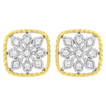 Haus Of Brilliance 10K Yellow Gold Plated .925 Sterling Silver 1/4 Cttw Diamond "Flower In A Box" Stud Earrings (I-J Color, I2-I3 Clarity) 2 Bông tai Haus Of Brilliance 10K Yellow Gold Plated .925 Sterling Silver 1/4 Cttw Diamond "Flower In A Box" Stud Earrings (I-J Color