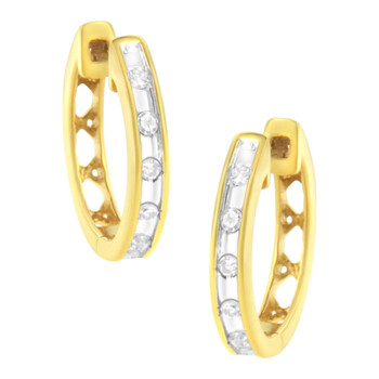 Bông tai Haus Of Brilliance 10K Yellow Gold Plated .925 Sterling Silver Channel Set Round-Cut Diamond Accent Classic Hoop Earrings (I-J Color