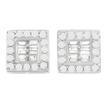 Bông tai Haus Of Brilliance 14K White Gold 1Ct. Tdw Round And Baguette-Cut Stud Earrings (H-I