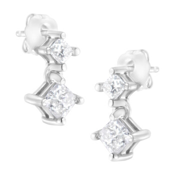 Bông tai Haus Of Brilliance 14K White Gold 3/4Ct Tdw Double Diamond Princess-Cut Stud Earrings (I-J