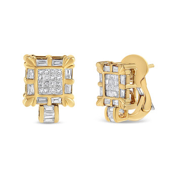 Bông tai Haus Of Brilliance 14K Yellow Gold 7/8 Cttw Princess And Baguette-Cut Diamond Square Framed Huggie Hoop Omega Earrings