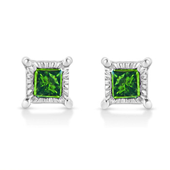 Bông tai Haus Of Brilliance .925 Sterling Silver 1/10 Cttw Miracle Set Princess-Cut Treated Green Diamond Stud Earrings (Green Color