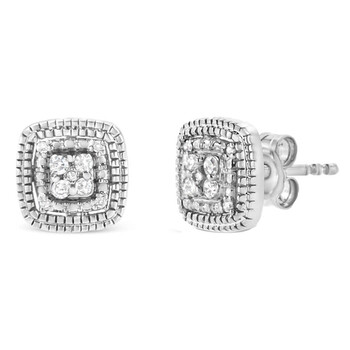 Bông tai Haus Of Brilliance .925 Sterling Silver 1/10 Cttw Prong-Set Round Cut Diamond Square Shape With Milgrain Halo Stud Earrings (I-J Color