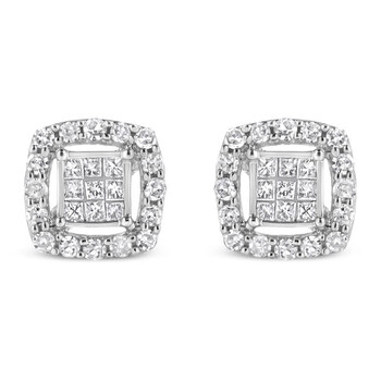 Bông tai Haus Of Brilliance .925 Sterling Silver 1/2 Cttw Round And Princess-Cut Diamond Stud Earrings (I-J Color