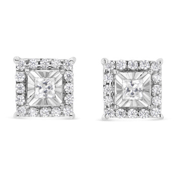 Bông tai Haus Of Brilliance .925 Sterling Silver 1/4 Cttw Princess And Round Cut Diamond Halo Stud Earrings (I-J Color