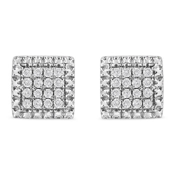 Bông tai Haus Of Brilliance .925 Sterling Silver 1/6 Cttw Round-Cut Diamond Cluster Square Shaped Stud Earrings (I-J Color