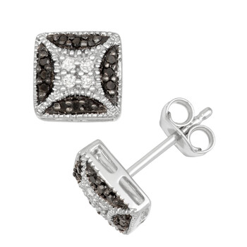 Bông tai Hetal Diamonds Sterling Silver Black And White Diamond Square Shape Stud Earrings