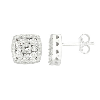 Bông tai Hetal Diamonds 1/4 Cttw Miracle Plate Square Diamond Earrings In Sterling Silver