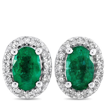 Bông tai Lb Exclusive 14K White Gold 0.10 Ct Diamond And Emerald Oval Push Back Earrings