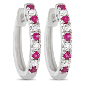Lb Exclusive 14K White Gold 0.11 Ct Diamond And Ruby Hoop Earrings 1 Bông tai Lb Exclusive 14K White Gold 0.11 Ct Diamond And Ruby Hoop Earrings