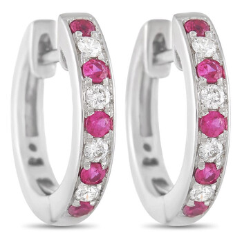 Bông tai Lb Exclusive 14K White Gold 0.15 Ct Diamond And 0.25 Ct Ruby Hoop Earrings