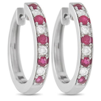 Lb Exclusive 14K White Gold 0.25 Ct Diamond And 0.42 Ct Ruby Hoop Earrings 2 Bông tai Lb Exclusive 14K White Gold 0.25 Ct Diamond And 0.42 Ct Ruby Hoop Earrings