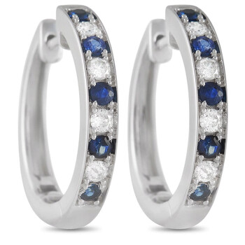 Bông tai Lb Exclusive 14K White Gold 0.25 Ct Diamond And 0.42 Ct Sapphire Hoop Earrings