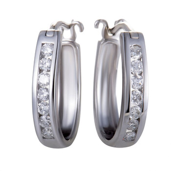 Bông tai Lb Exclusive 14K White Gold Oval Channel Set Diamond Hoop Huggies Earrings .33 Carat (0.33 Ctw) Diamonds