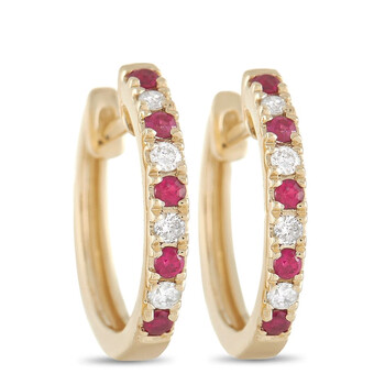 Lb Exclusive 14K Yellow Gold 0.11 Ct Diamond And Ruby Hoop Earrings 2 Bông tai Lb Exclusive 14K Yellow Gold 0.11 Ct Diamond And Ruby Hoop Earrings