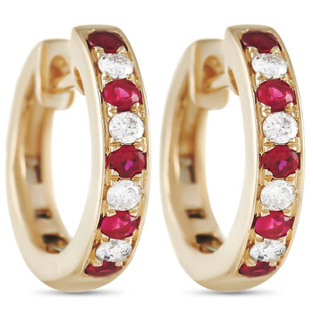 Lb Exclusive 14K Yellow Gold 0.15 Ct Diamond And 0.25 Ct Ruby Hoop Earrings 1 Bông tai Lb Exclusive 14K Yellow Gold 0.15 Ct Diamond And 0.25 Ct Ruby Hoop Earrings