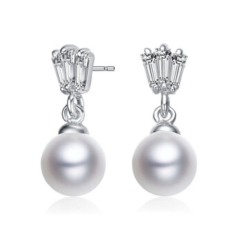 Bông tai Megan Walford Sterling Silver Round Pearl With Baguette Cubic Zirconia Drop Earrings